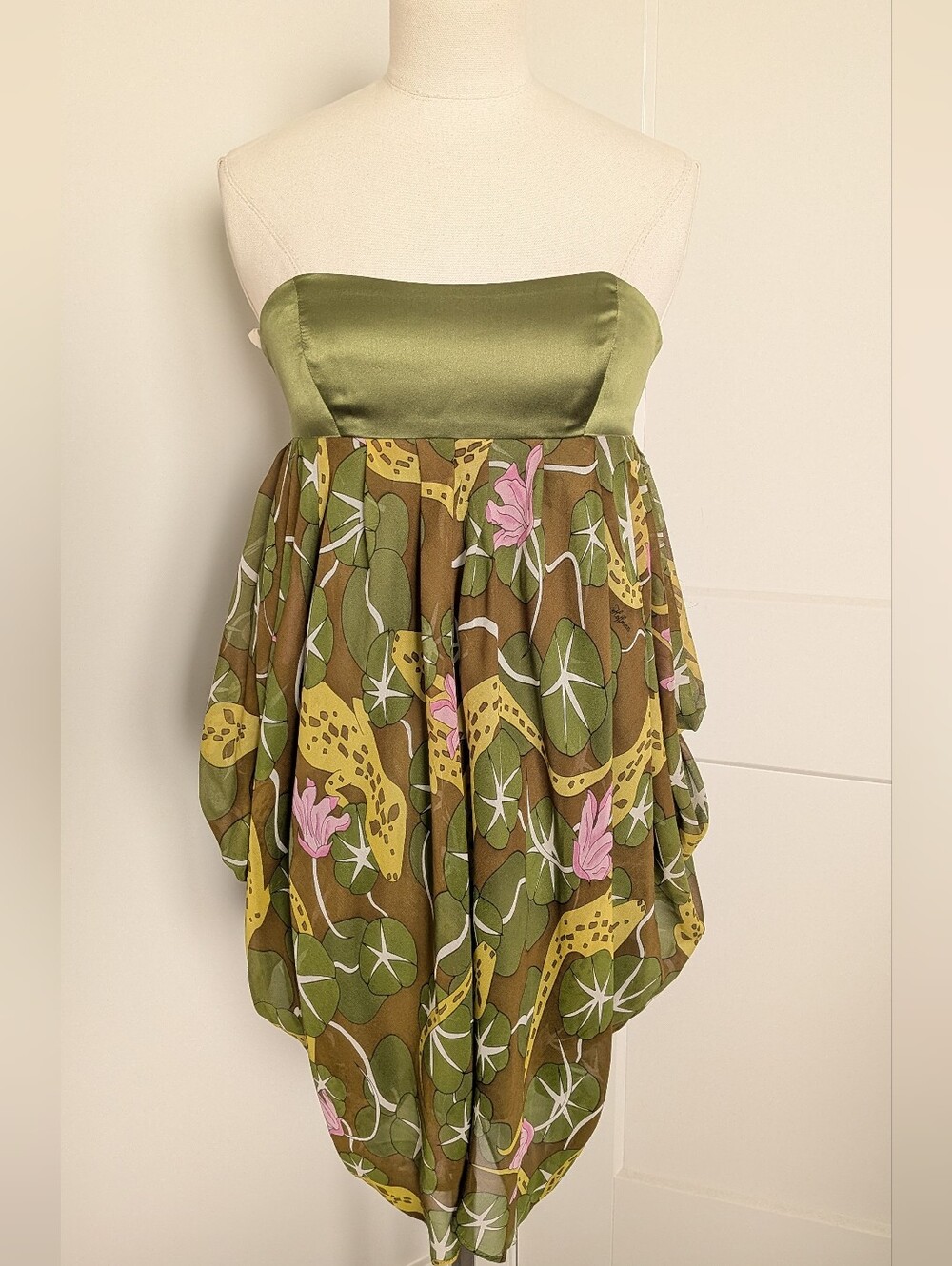 NWOT Mara Hoffman Vintage Silk Strapless Bubble Dress Lily Pad Print P